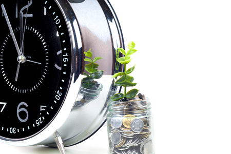 coins with plant and clock, isolated on white background.の写真素材