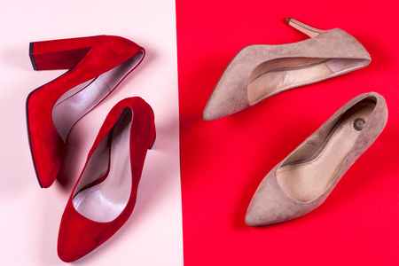 Red and pastel female high-heeled shoesの写真素材