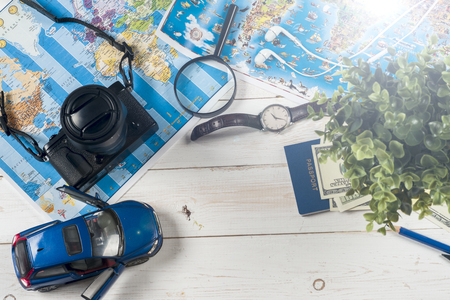 Travel - concept. Car journey planning. Tourist essentials. Space for textの写真素材