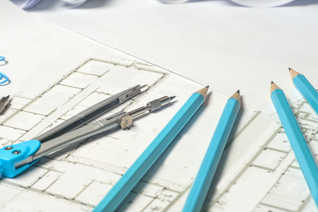 Workplace of architect - rolls and plans.の写真素材