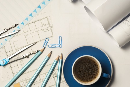 Workplace of architect - rolls and plans.の写真素材