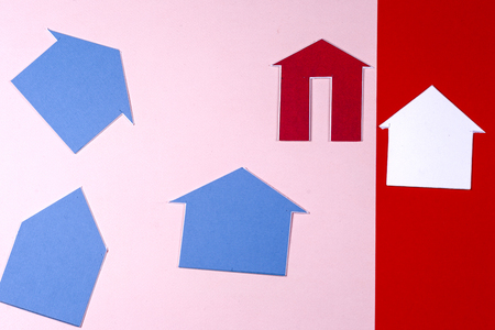 House and key on bright colorful backgroundの写真素材