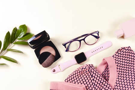 Fashion women clothing set and accessories. Vanilla Pastel colors.の写真素材