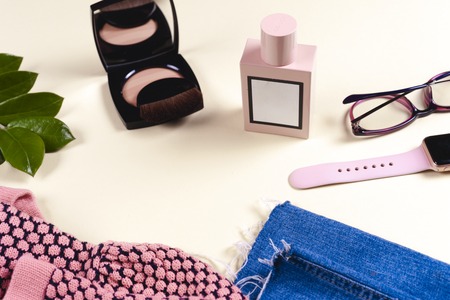 Fashion women clothing set and accessories. Vanilla Pastel colors.の写真素材