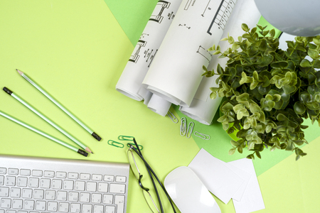 Architect working on blueprint.の写真素材