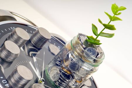 coins with plant and clock, isolated on white background. savings conceptの写真素材