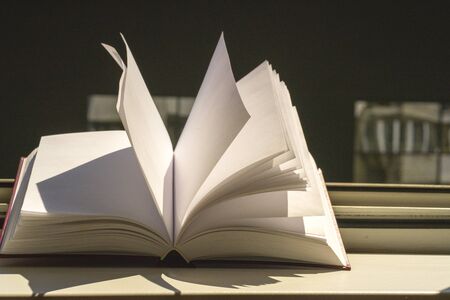 Books in the window with city view. Copy space for textの写真素材
