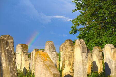 The Old Jewish cemetery at colorful sunset sky, Chernivtsi Ukraine.の写真素材