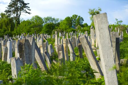 The Old Jewish cemetery at colorful sunset sky, Chernivtsi Ukraine.の写真素材