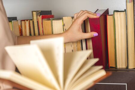 Young girl in a light dress is reading a book. Female hands hold a book in their handsの写真素材