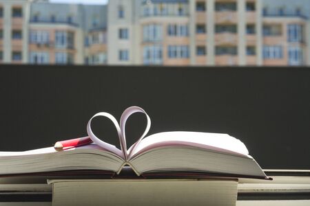 Books in the window with city view. Copy space for textの写真素材