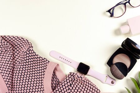Fashion women clothing set and accessories. Vanilla Pastel colors.の写真素材