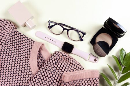 Fashion women clothing set and accessories. Vanilla Pastel colors.の写真素材