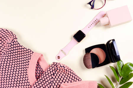 Fashion women clothing set and accessories. Vanilla Pastel colors.の写真素材