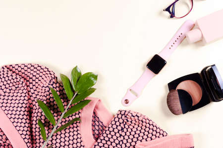 Fashion women clothing set and accessories. Vanilla Pastel colors.の写真素材