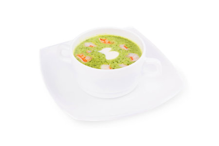 Cream soup with shrimp on white backgroundの写真素材