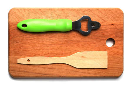 Hardboard, trowel, opener the top view isolated on a white backgroundの写真素材