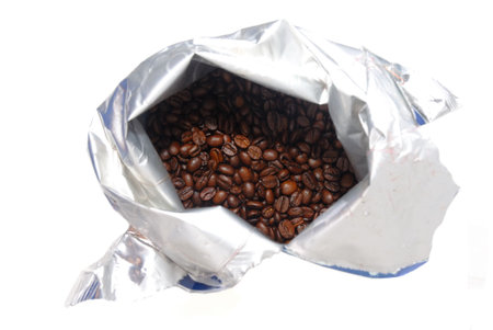 Opened toast coffee pack isolated on whiteの写真素材