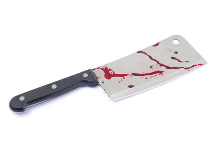 Cleaver - kitchen knife - with blood isolated on whiteの写真素材