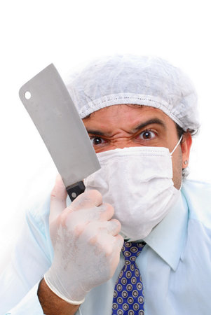 Butcher Doctor holding a cleaver on white .