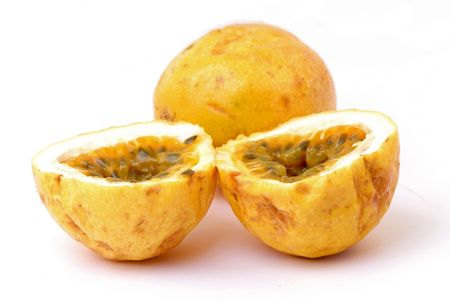 Fresh and Slice Passion Fruit on white .の写真素材