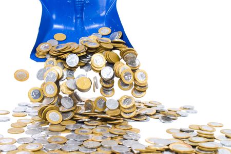 Dustpan throwing money coins on white .の写真素材