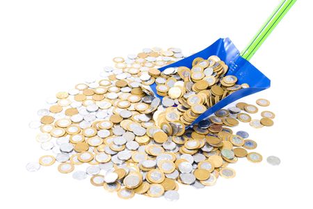 Dustpan collecting money coins on white .の写真素材