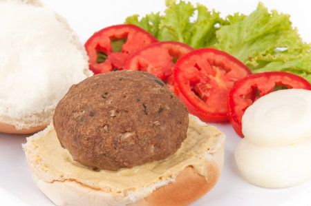 Close up of delicious Bread meat and vegetables .の写真素材