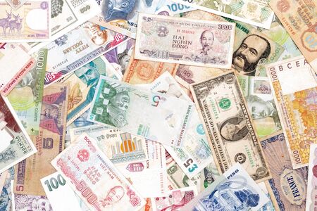 Several world countries paper bank money notes.の写真素材