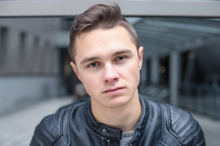 serious portrait of a young man with gray eyes