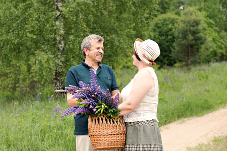An elderly couple walks through the forest park and a man gives a woman a woven basket with a bouquet of flowers of purple lupinesの写真素材