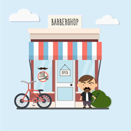 stylish barber standing on the street near the entrance to the salon and waiting for visitorsのイラスト素材