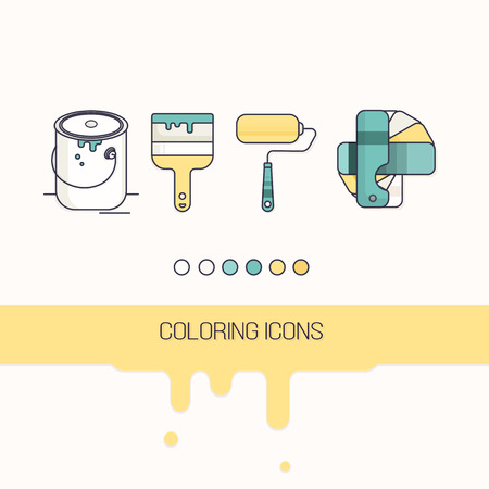 Coloring construction flat icons set vector.Coloring construction symbol. Coloring construction bottom. Coloring construction logo.  Coloring construction emblem. Coloring construction label.のイラスト素材