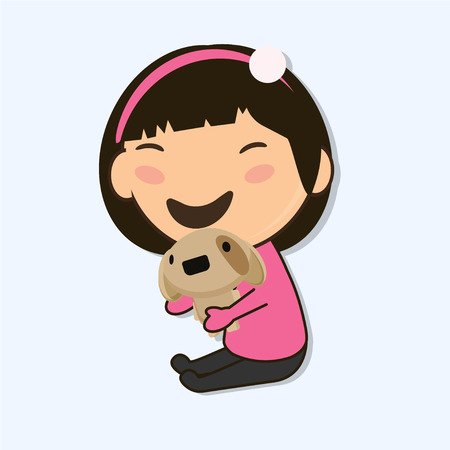 little Asian girl holding a toy dog in hands and laughs isolated characer illustration. Asian characterのイラスト素材
