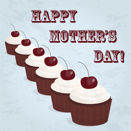 happy mother day. Several cupcakes with text and grunge texture on a colored background. Happy mother day gift card.  Happy mother day vintage poster. Happy mother day vintage background.のイラスト素材