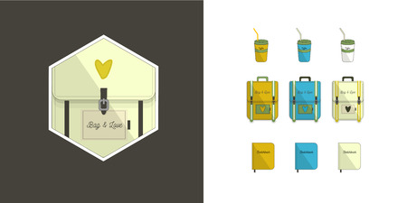 Traveller set . Backpack,sketchbooks, coffee cup.Three color options.Flat style with text. Tourism iconsのイラスト素材