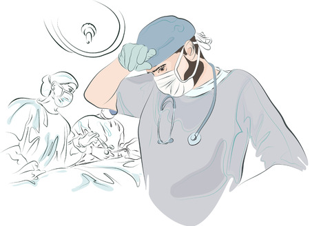 surgeon in the mask and uniform wipes his forehead after surgery tired. In the background, a sketch of the operation. The doctor finished the operationのイラスト素材