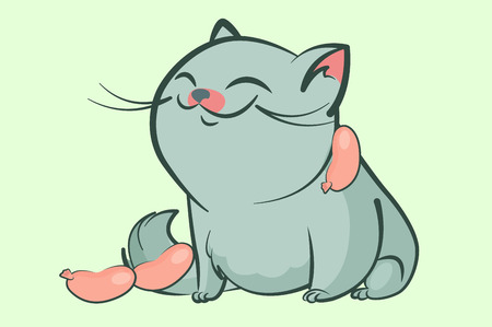 fat blue cat smile narrowed eyes hung with sausage on a white background. Happy pet with food. Cute illustration.のイラスト素材