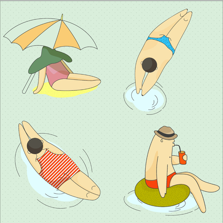 Set of cartoon characters, thick ugly body floating in the water, relax and sunbathe on the beach. Spring and summer illustrationのイラスト素材