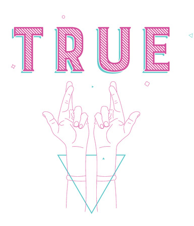 crossed fingers, a symbol of true, with text and geometrical shapes. Print designのイラスト素材