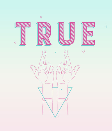 crossed fingers, a symbol of true, with text and geometrical shapes. Print designのイラスト素材
