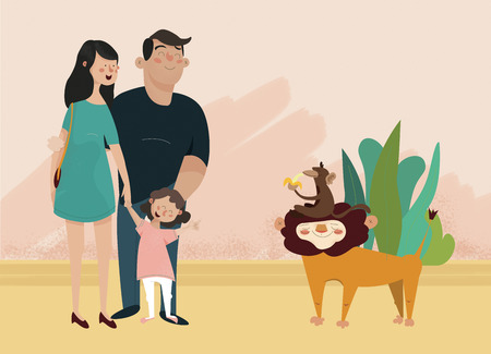 childrens  illustration with texture. Young family looking at the lion in the zooの写真素材