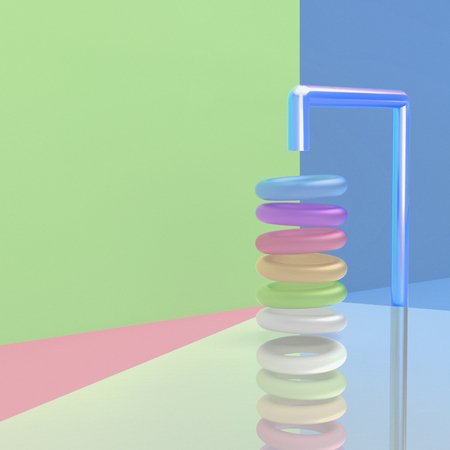 abstract colorful 3d rendering background or illustration. Geometric elements in room with reflectionsの写真素材