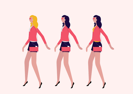 ladies walking in one direction isolated on background vector setのイラスト素材
