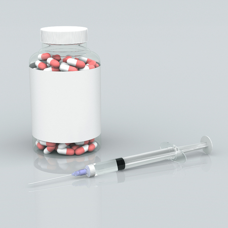 packing of tablets with blanc white label and a syringe on a mirror surface. medical illustration mockup.3d renderingの写真素材