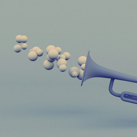trumpet with spheres. Minimal abstract art. Surreal musical creative concept. 3d renderingの写真素材