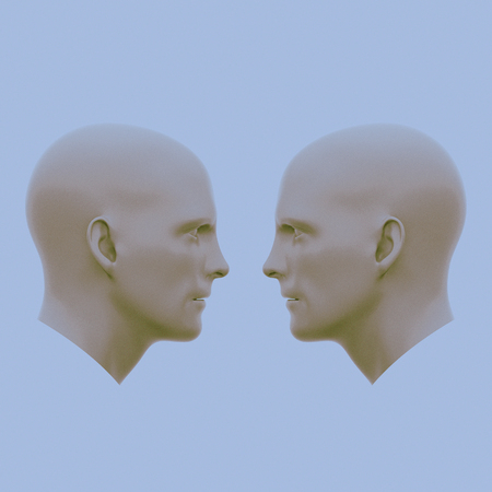 two male heads facing each other. Minimalistic abstract art. Communication concepts. 3d rendering illustrationの写真素材