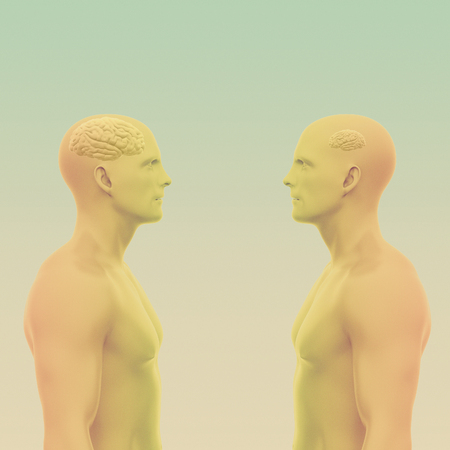 Two men face each other one with a large brain the other with a small. abstract minimalist art. communication concept. 3d rendering illustrationの写真素材
