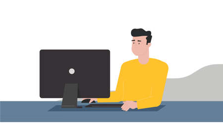 The young man works at the computer. Remote workのイラスト素材