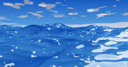 ocean waves with clear sky and sun rays on blue waterの写真素材